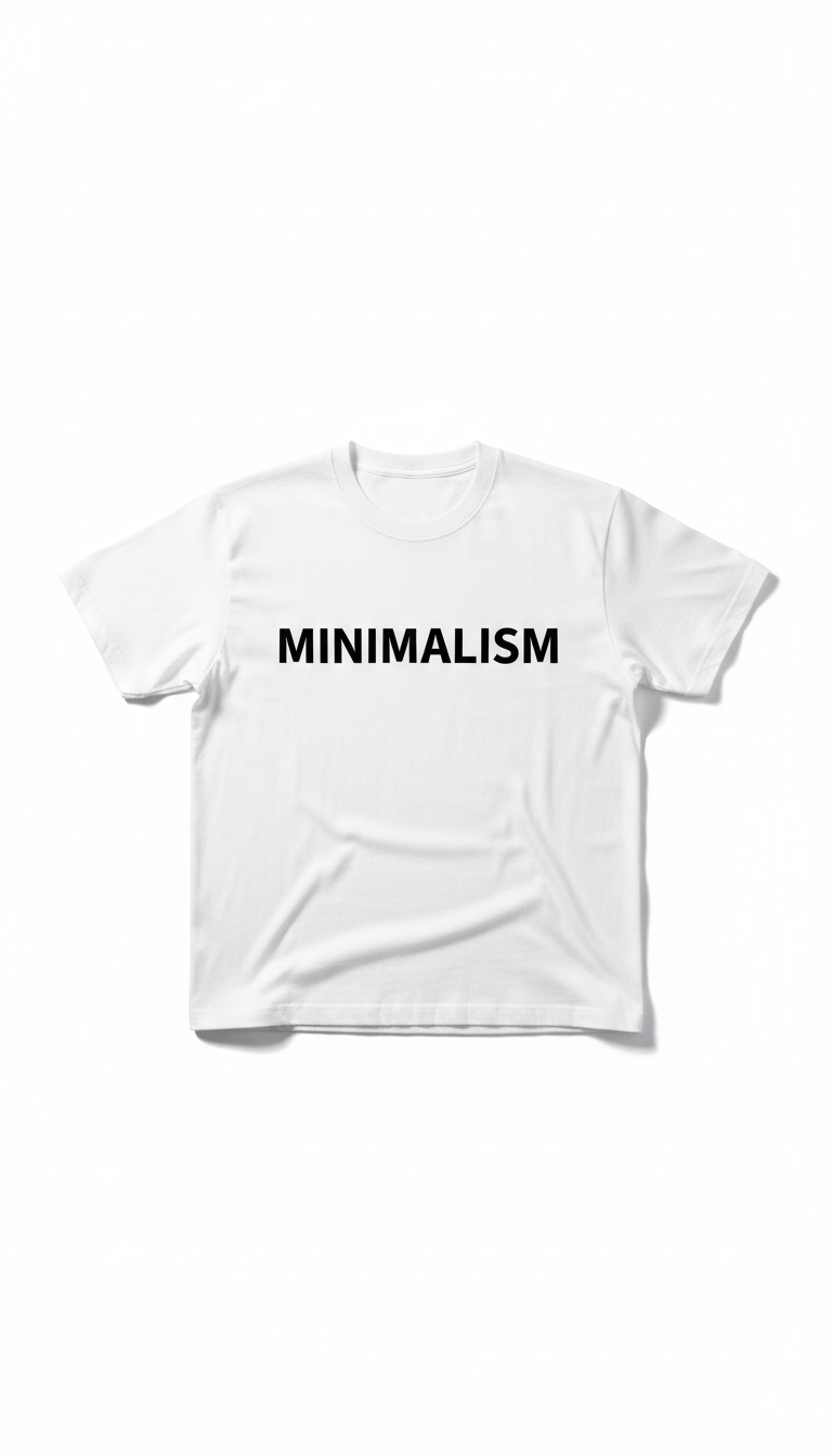 White Helvetica text crewneck T-shirt flat lay, no props. Packaging shots: envelope placed dead-center on white surface...
