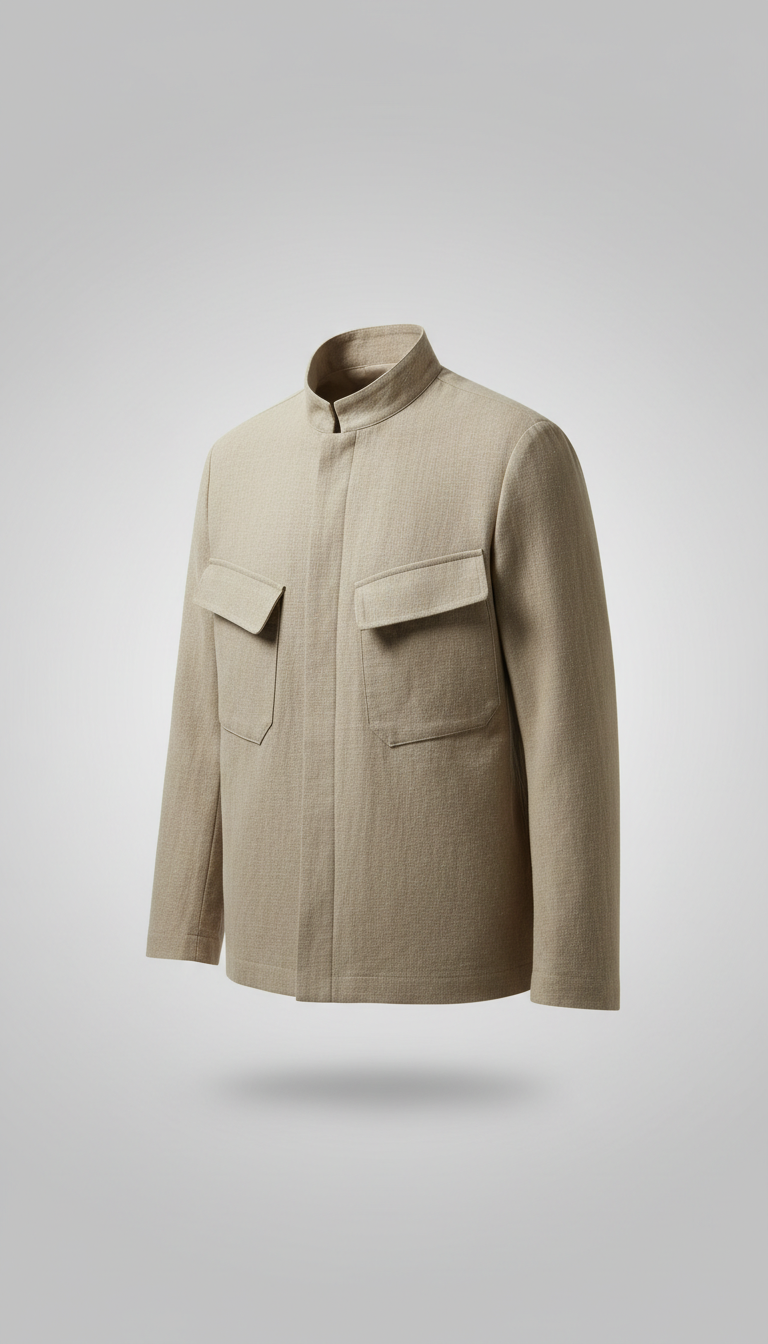 An eco-friendly cotton jacket from the 'Disciplined Elegance' collection, with a subtle shadow beneath to ground the...