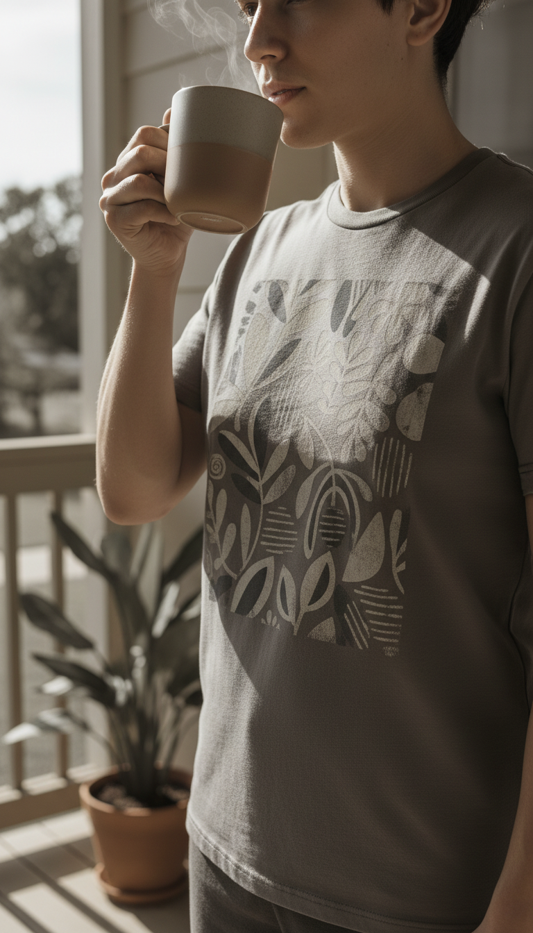 Cotton T-Shirt in Charcoal Whisper in use