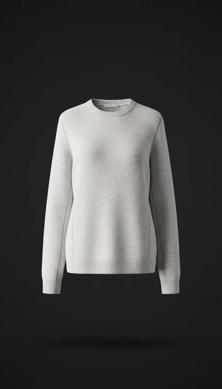 Minimalist knit sweater, Product shots use a 3/4 angle as default—showing both structure and details (collar shape, panel...