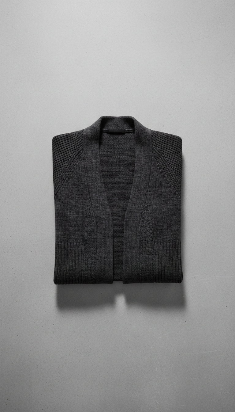 Knitwear cardigan in 'Urban Onyx'. The product sits centered on a plain 'Concrete Gray' background, while a subtle shadow...