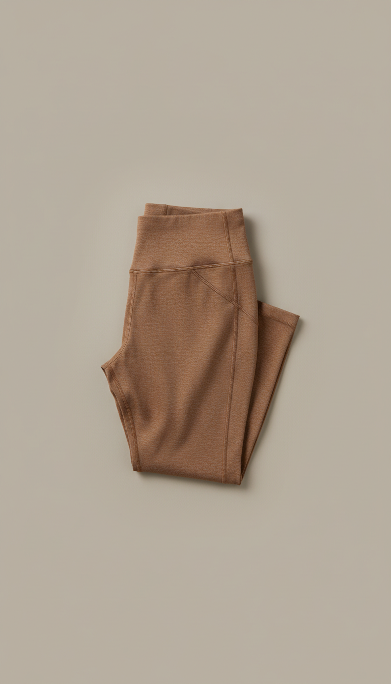 A product shot featuring earthy taupe yoga leggings, captured at a 3/4 angle to emphasize the texture and fit. The...