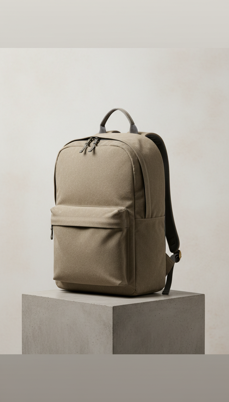 Taupe Concrete Everyday Backpack, backpack standing upright on a matte concrete plinth or architectural bench. Background...