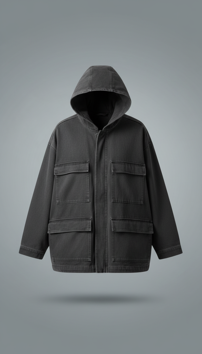 Photograph a unisex streetwear jacket, centered against a 'Concrete Gray' background. The lighting should be soft and...