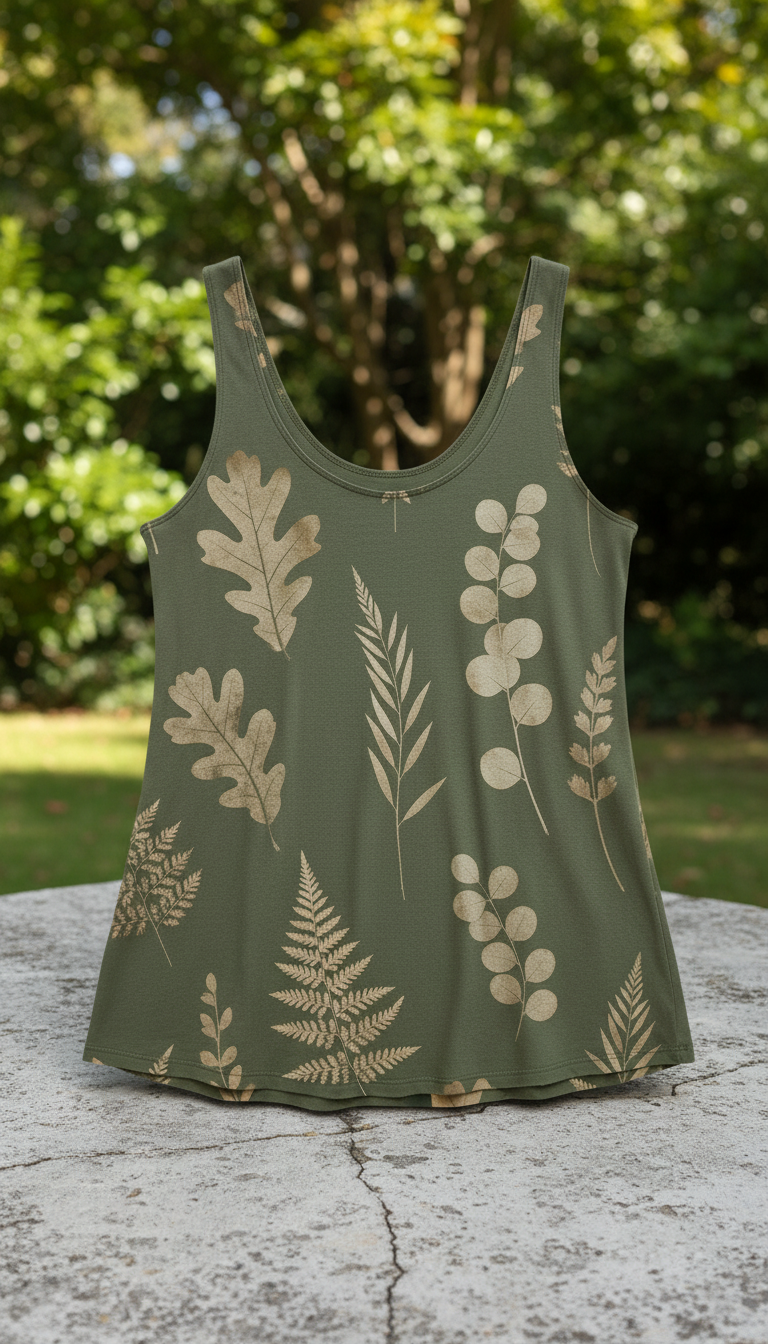 Moss Green Botanical Eco-Print Tank Top in a new setting