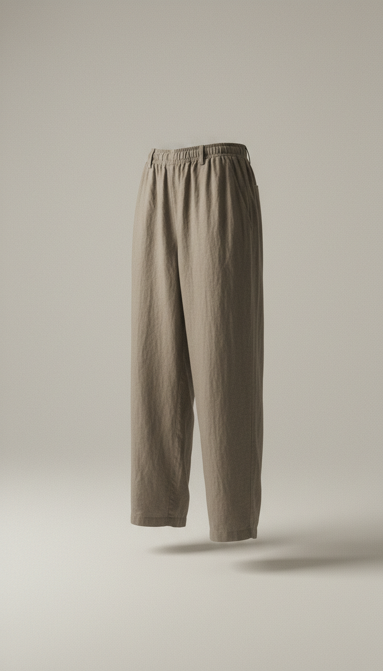 Showcase Luxe Comfort linen pants in a relaxed fit, centered on a neutral-toned background with soft, creating a subtle...
