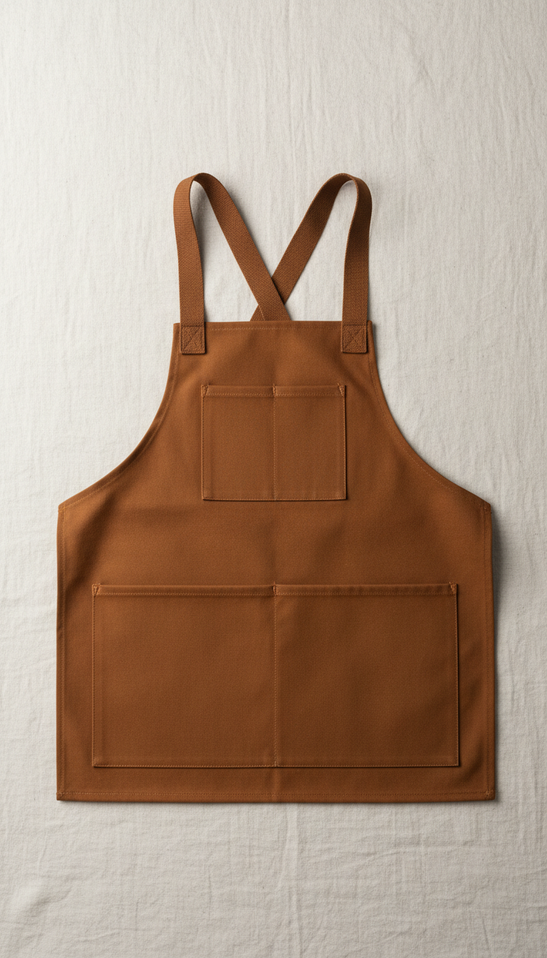 A straight-on, perfectly centered shot of a Saddle Brown marine-grade apron, no brand names, no text, no trademarks