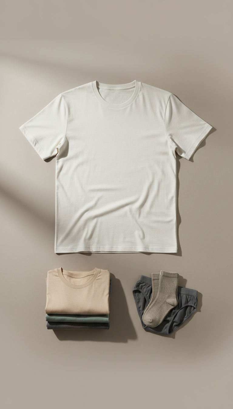 Classic cotton crewneck T-shirt, 3/4 angle product shots on neutral matte surfaces matching Porcelain or Taupe; soft...