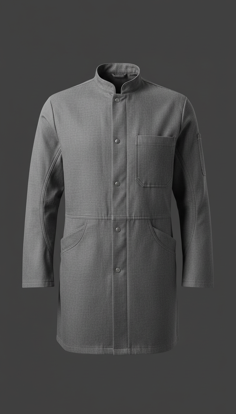 A durable lab coat displayed against a plain 'Charcoal Grey' background. The product is perfectly centered with soft,...