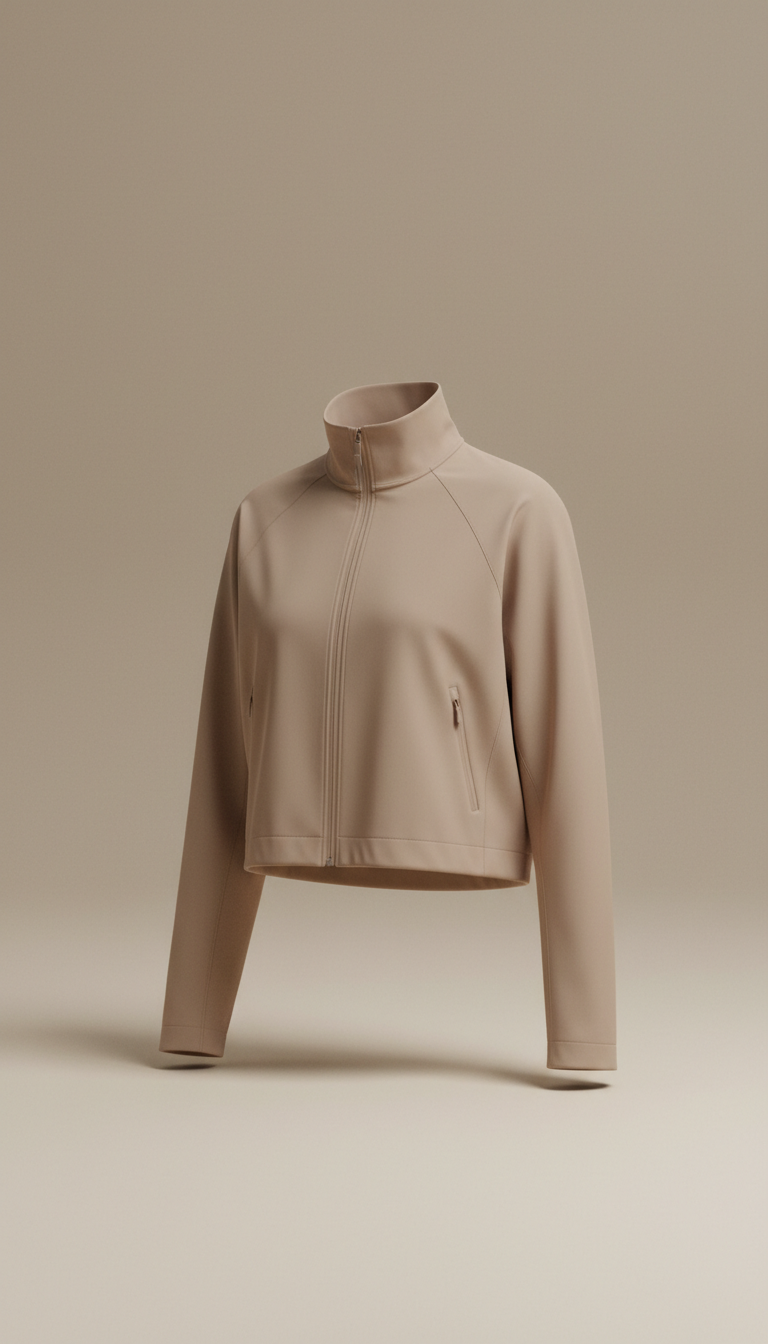 Minimalist cropped performance jacket, Primary angle: three-quarter view at eye-level, emphasizing garment fit on body...