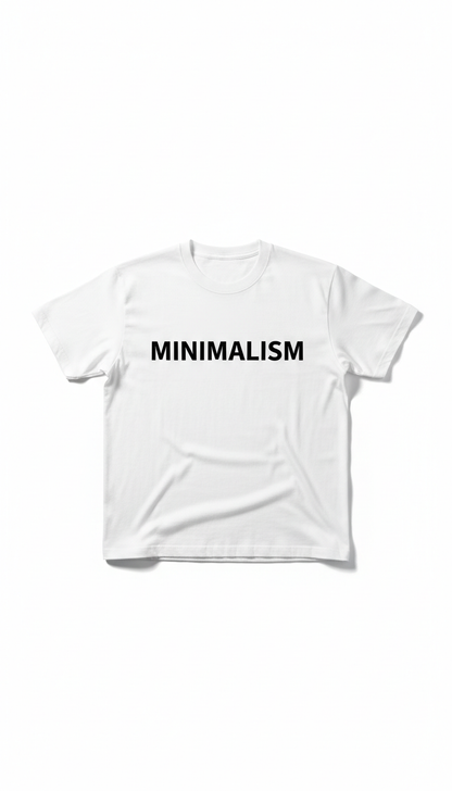 White Helvetica text crewneck T-shirt flat lay, no props. Packaging shots: envelope placed dead-center on white surface...
