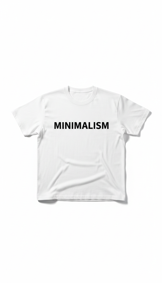 White Helvetica text crewneck T-shirt flat lay, no props. Packaging shots: envelope placed dead-center on white surface...