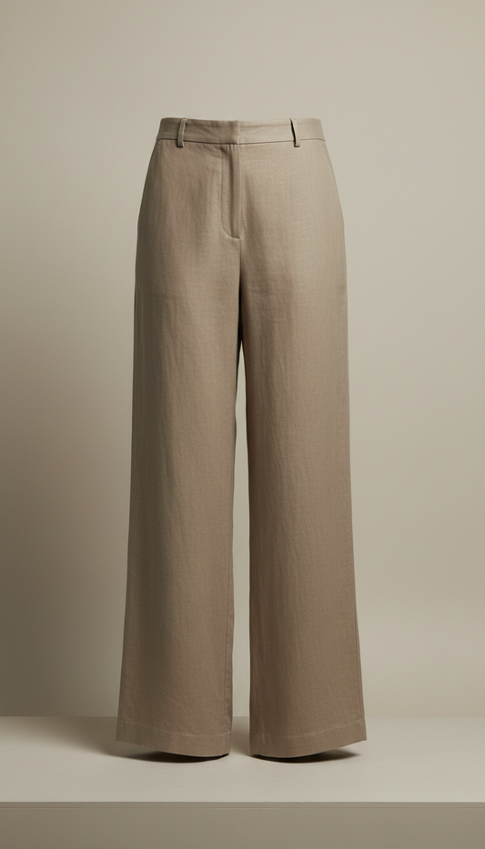 Wide-leg linen blend trouser in Clay Gray, Default angle is 3/4 front shot at hip height for each pant style—showing...