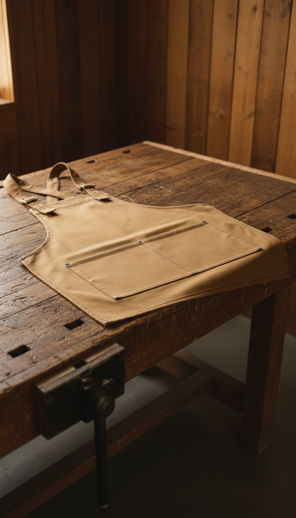 Ochre canvas work apron raw finish in a new setting