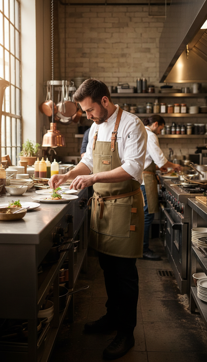 Canvas Work Apron with Leather Straps in use