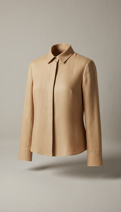 Warm Sand tailored blouse, Default to 3/4 angle on garments worn by model against a seamless linen backdrop in 'Soft...
