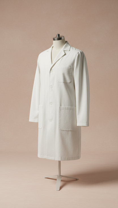 Ivory White Classic Lab Coat, Three-quarter angle as default to showcase both the tailored silhouette and material texture...