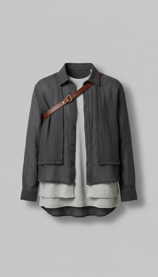 Layered cotton blend shirt with leather accent, Default: 3/4 angle from eye-level for clothing on mannequin or flat-lay on...