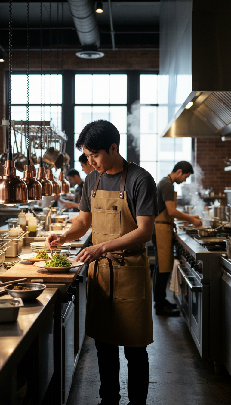 Bartender Utility Apron in Sand with Utility Pockets in use