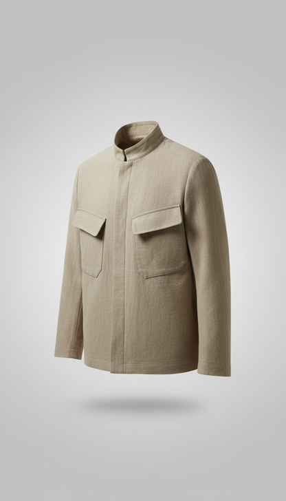An eco-friendly cotton jacket from the 'Disciplined Elegance' collection, with a subtle shadow beneath to ground the...