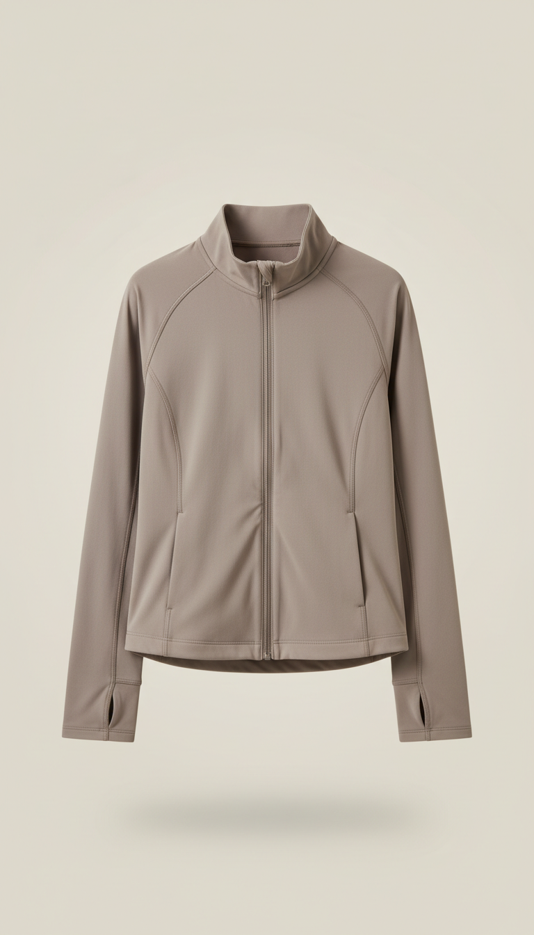Soft Taupe lightweight active jacket, Hero product shots at a clean 3/4 angle for leggings and jackets; sports bras shown...