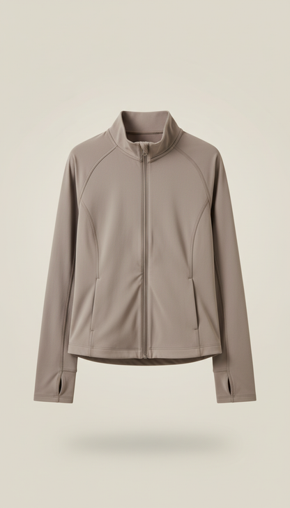Soft Taupe lightweight active jacket, Hero product shots at a clean 3/4 angle for leggings and jackets; sports bras shown...