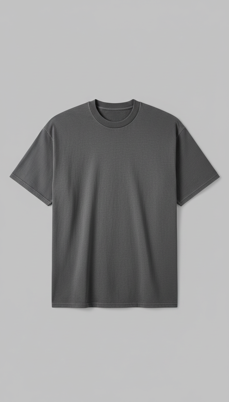 A graphite heavyweight cotton t-shirt is presented in a centered, shadowless lighting highlights the fabric's heft and...