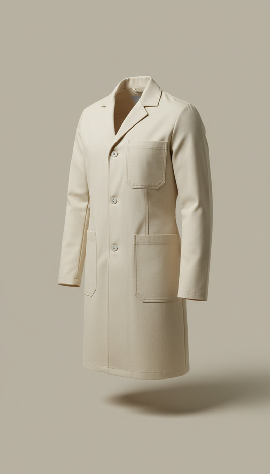 Cream lab coat, Opt for a 3/4 angle shot that captures the fit and detail of the apparel, ensuring the tailoring and...