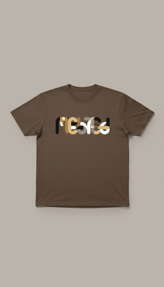 Earth Brown 'Melanated' Wordmark Tee, Apparel laid flat or on torso at a true three-quarter angle (slightly above waist...