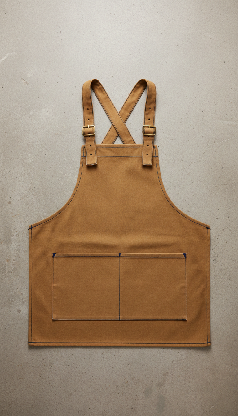 Raw ochre canvas work apron, Default arrangement is 3/4 angle for jeans and jackets draped on mannequin torsos or hung on...