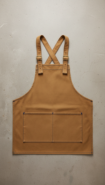 Raw ochre canvas work apron, Default arrangement is 3/4 angle for jeans and jackets draped on mannequin torsos or hung on...