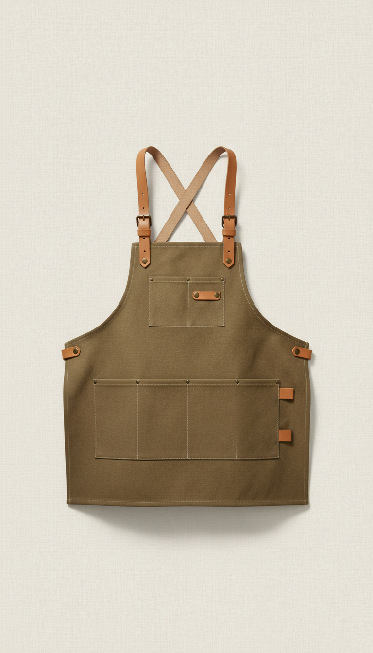Canvas work apron with leather straps, 3/4 angle shots for tools and feed sacks set on time-worn wooden surfaces against...