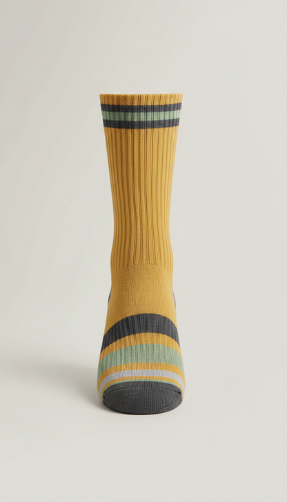 Heritage Gold crew length dress sock, Primary shot: 3/4 angle from slightly above, perfectly centered horizontally and...