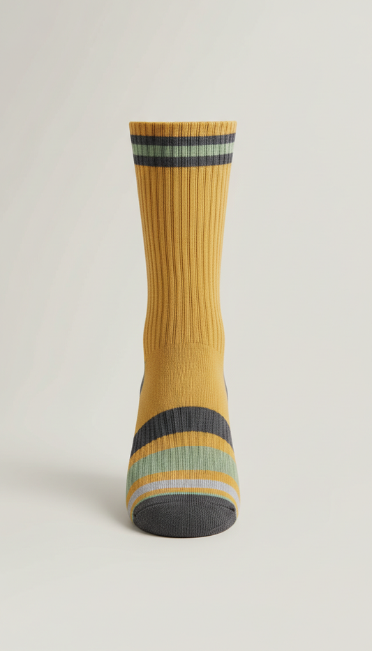 Heritage Gold crew length dress sock, Primary shot: 3/4 angle from slightly above, perfectly centered horizontally and...