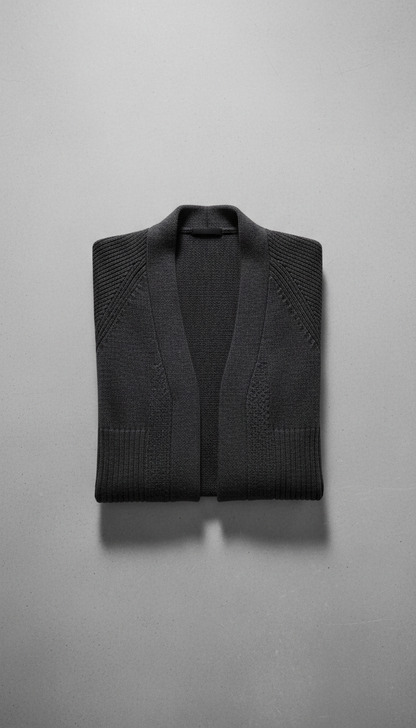 Knitwear cardigan in 'Urban Onyx'. The product sits centered on a plain 'Concrete Gray' background, while a subtle shadow...