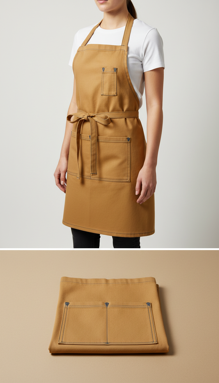 Half-apron in Wheat with reinforced stitching, Single-apron shots on model at 3/4 angle (slight turn from straight-on),...