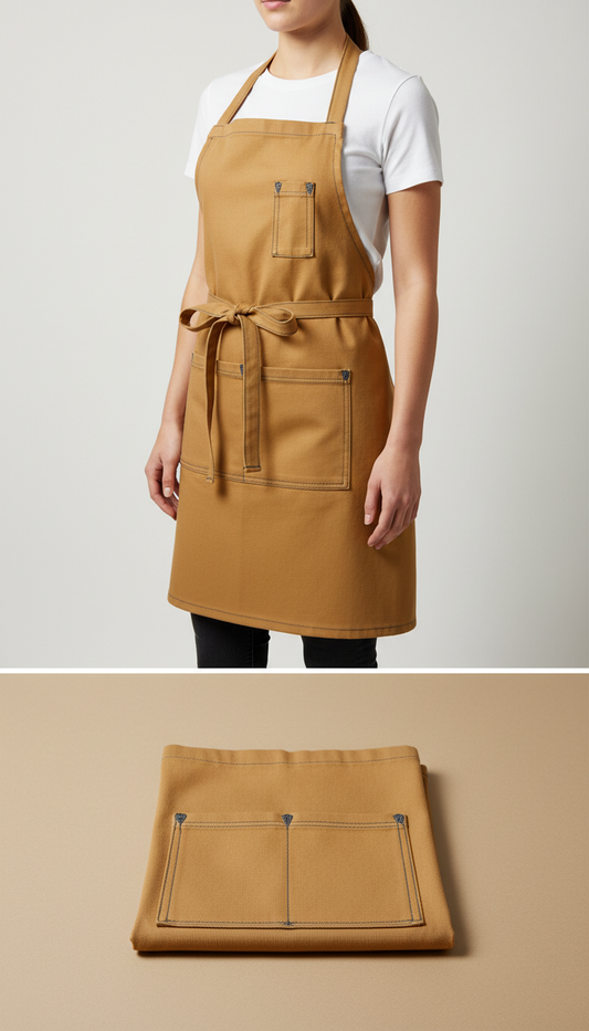 Half-apron in Wheat with reinforced stitching, Single-apron shots on model at 3/4 angle (slight turn from straight-on),...
