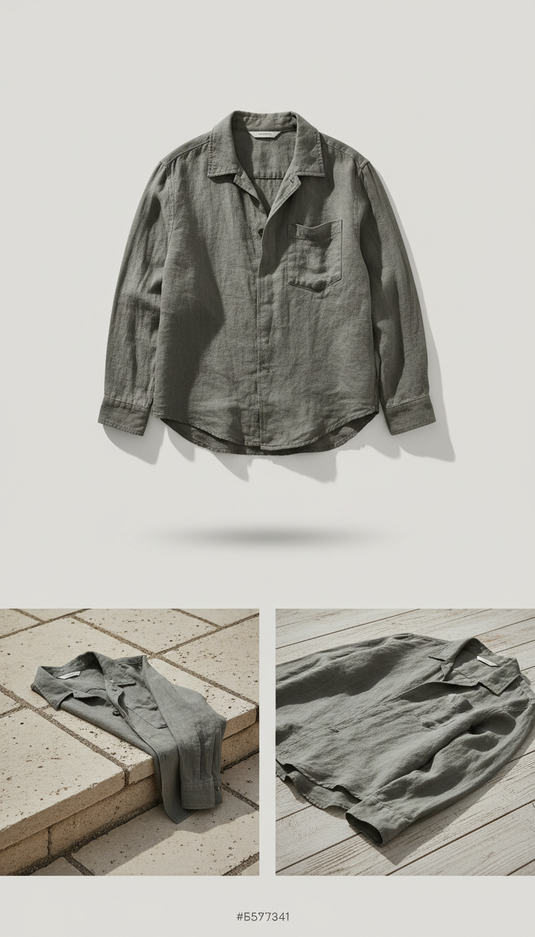 Moss grey linen overshirt, sleeve draped over edge). Backgrounds use Porcelain or Stone Beige tones for clarity without...