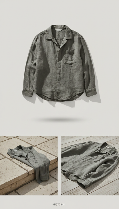 Moss grey linen overshirt, sleeve draped over edge). Backgrounds use Porcelain or Stone Beige tones for clarity without...