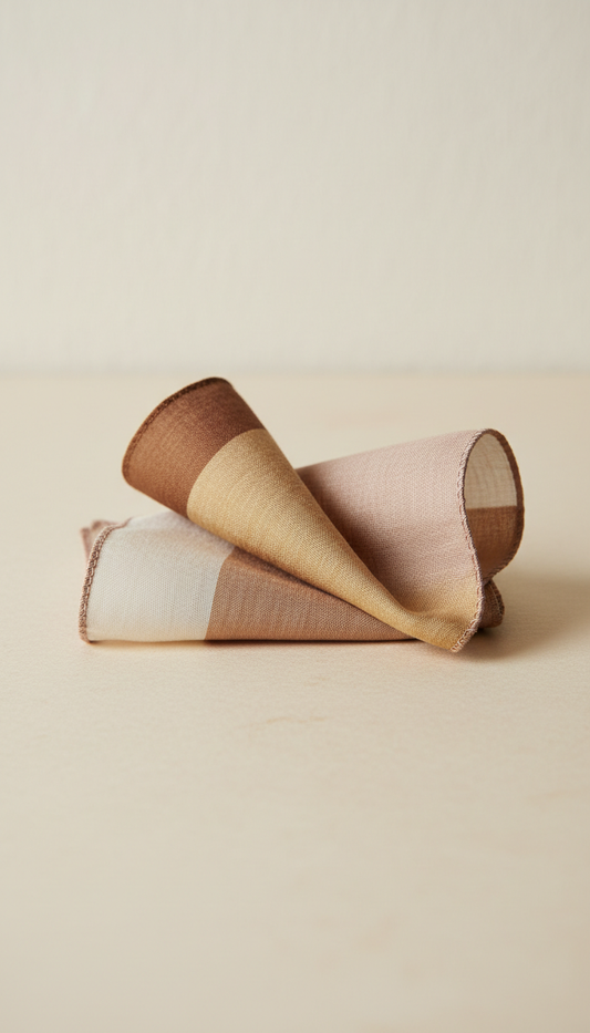 Rose sand silk pocket square, Default angle is 3/4 oblique: product placed on a hand-finished wood or textile surface...