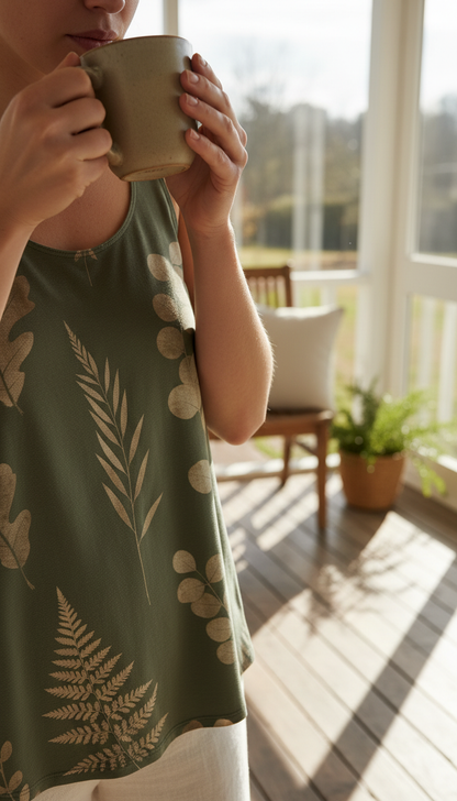 Moss Green Botanical Eco-Print Tank Top in use