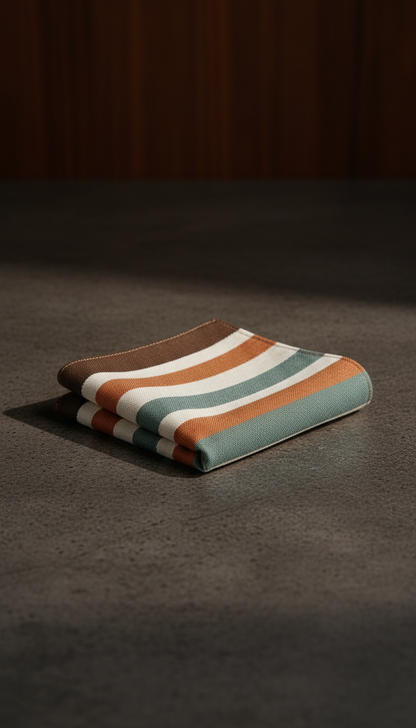 Burnt Ochre Modernist Stripe Cotton Pocket Square in a new setting