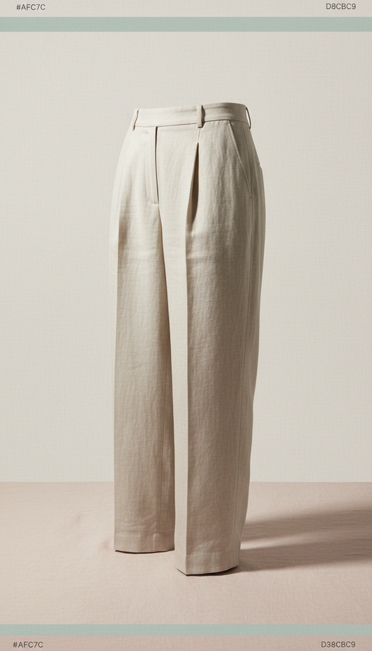Oat linen tailored pants, Single product per image, positioned at a 3/4 angle to reveal both silhouette and subtle garment...