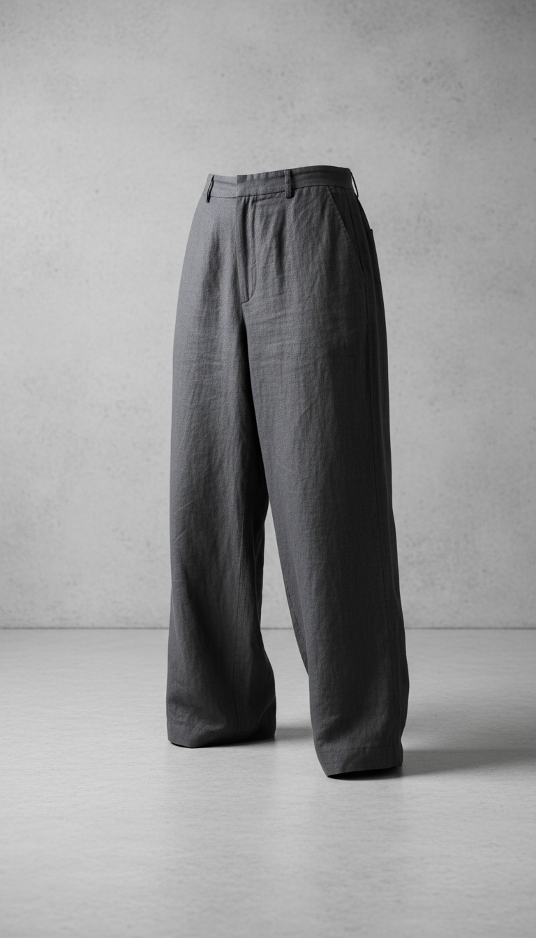 A perfectly centered shot of relaxed linen trousers in Graphite Gray, displayed against a clean concrete background. The...