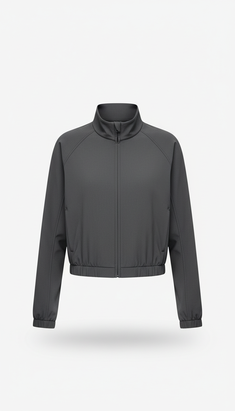 Metro Sand cropped performance jacket, concrete wall in Metro Sand or Concrete Blue). Lighting remains natural and even to...