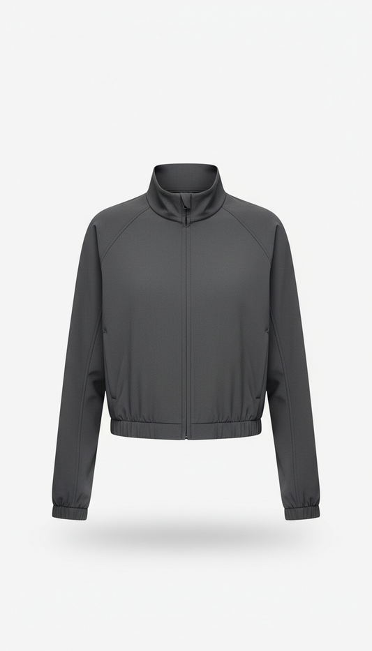Metro Sand cropped performance jacket, concrete wall in Metro Sand or Concrete Blue). Lighting remains natural and even to...