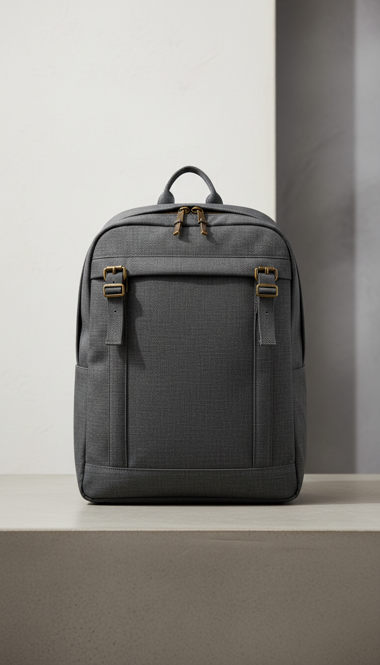 Urban Pewter Slim Laptop Backpack, backpack standing upright on a matte concrete plinth or architectural bench. Background...