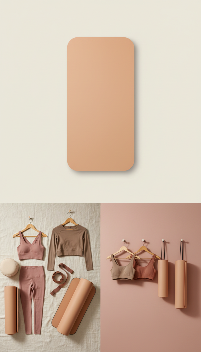 Apricot Nude Pilates mat, Hero product shots: 3/4 angle on sets laid out on textured cream surfaces (linen or pale wood),...