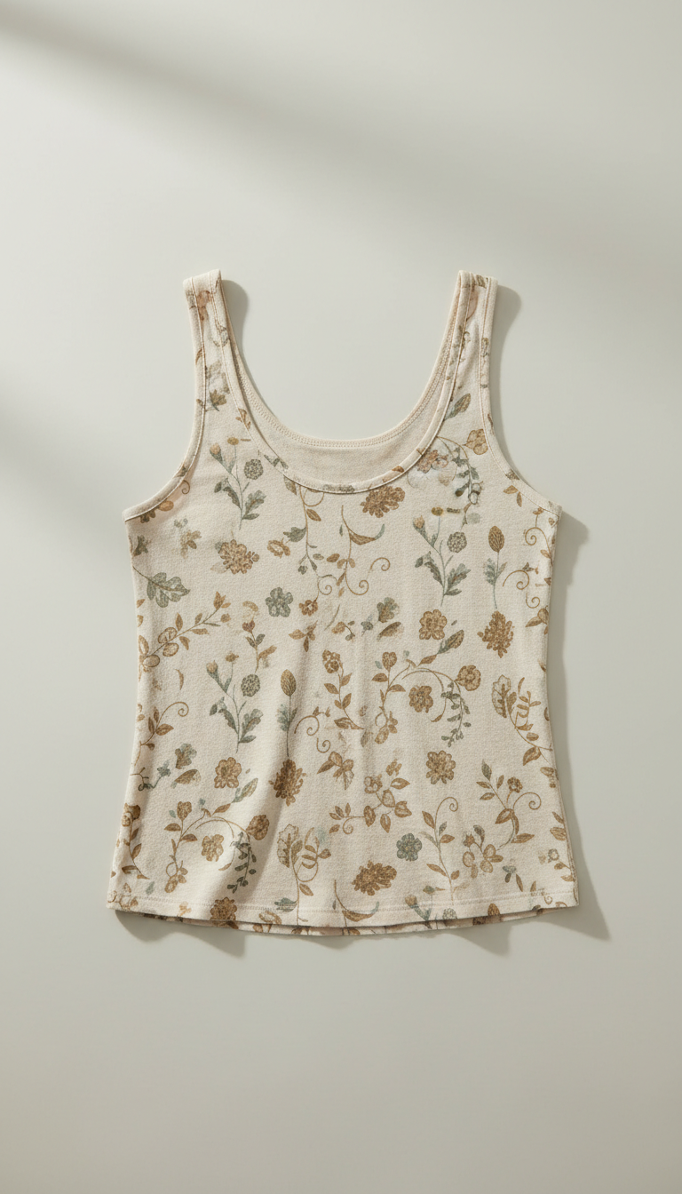 Women's organic cotton botanical print tank top, perfectly centered horizontally and vertically with equal negative space...
