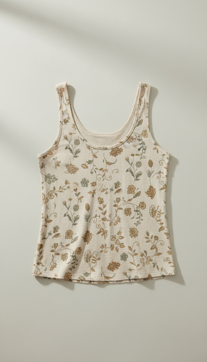 Women's organic cotton botanical print tank top, perfectly centered horizontally and vertically with equal negative space...